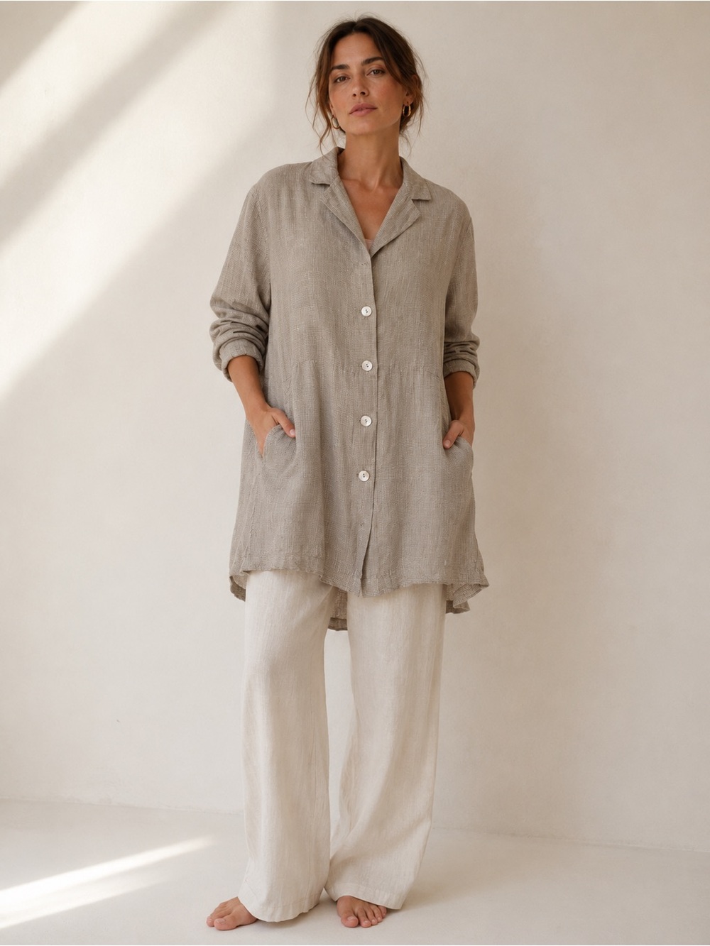 Bryn Walker Linen Celia Longline Shirt Jacket Natural Oatmeal | Free Size